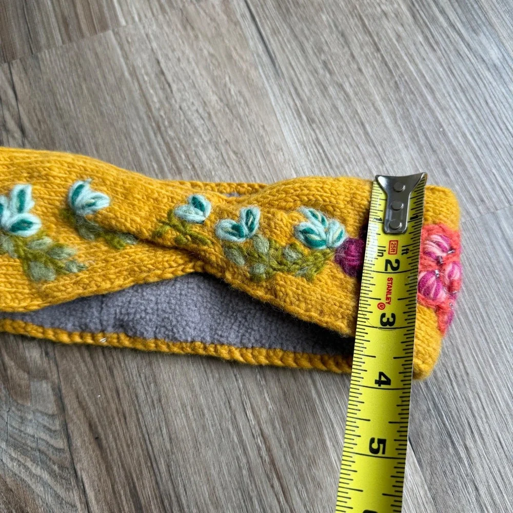 French Knot Yellow Wool Embroidered Floral Fleece Lined Ear Warmer Headband